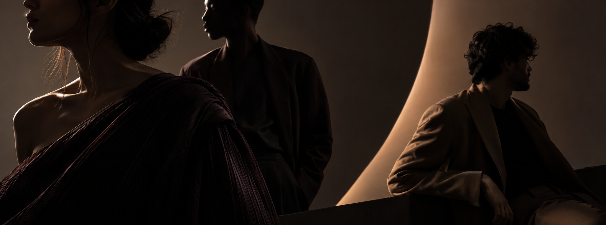 Three emerging creative talents photographed in a shadowed editorial studio